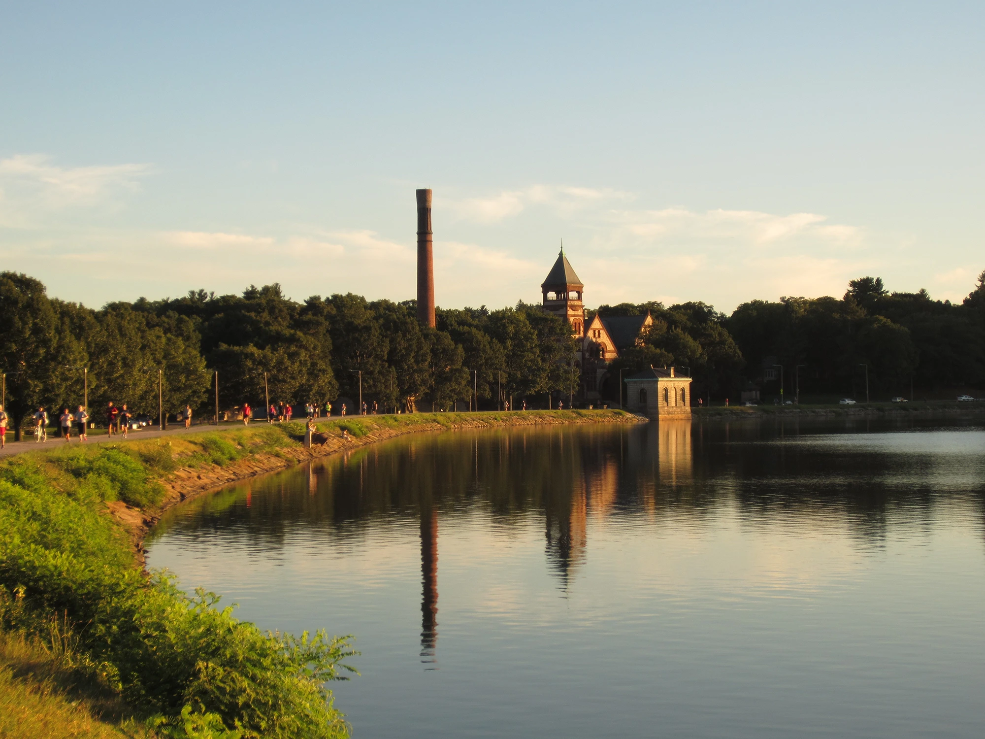 View of Chestnut Hill pumping station from across the reservoir. Click to purchase Boston Metrowest subscriptions.