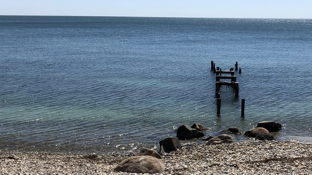 Rocky beach and teal ocean view with the skeleton of an old dock. Click to purchase Cape Cod subscriptions.